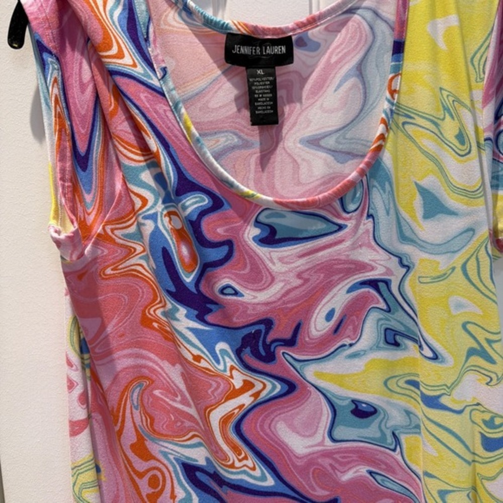 Jennifer Lauren XL Colorful Abstract Swirl Midi‎ Dress Short Slve Stretch 5005